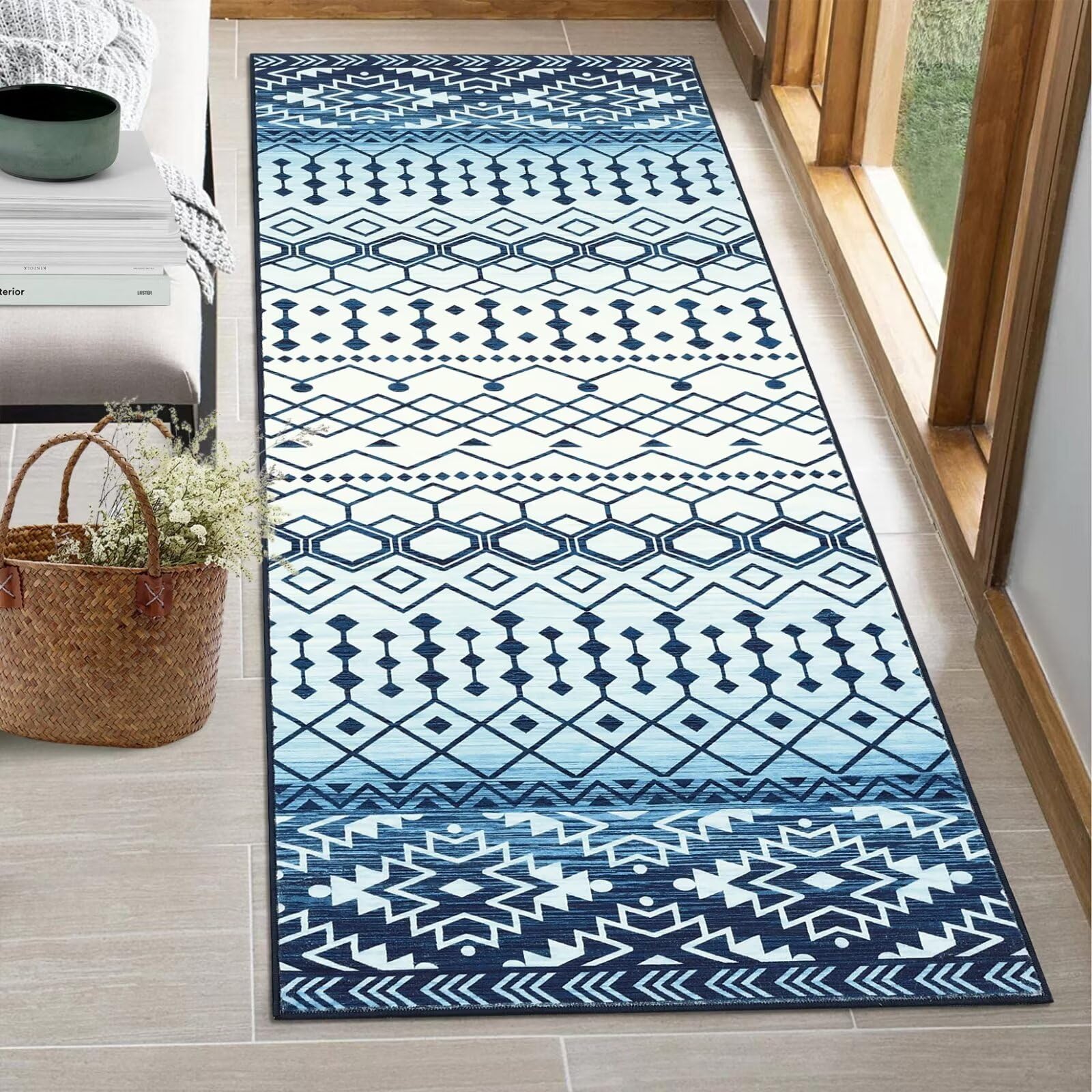 GARVEE Bohemian Moroccan 8×10 Rug, Washable, Non-Slip, Faux Wool, Geometric Design, for Living Room, Bedroom, Playroom, Blue
