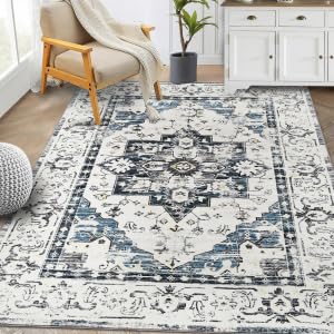 GARVEE Boho Washable Rug for Living Room, 5×7 Area Rugs Non Slip, Blue Large Carpet for Kitchen Bathroom Bedroom Entryway Laundry Living Room