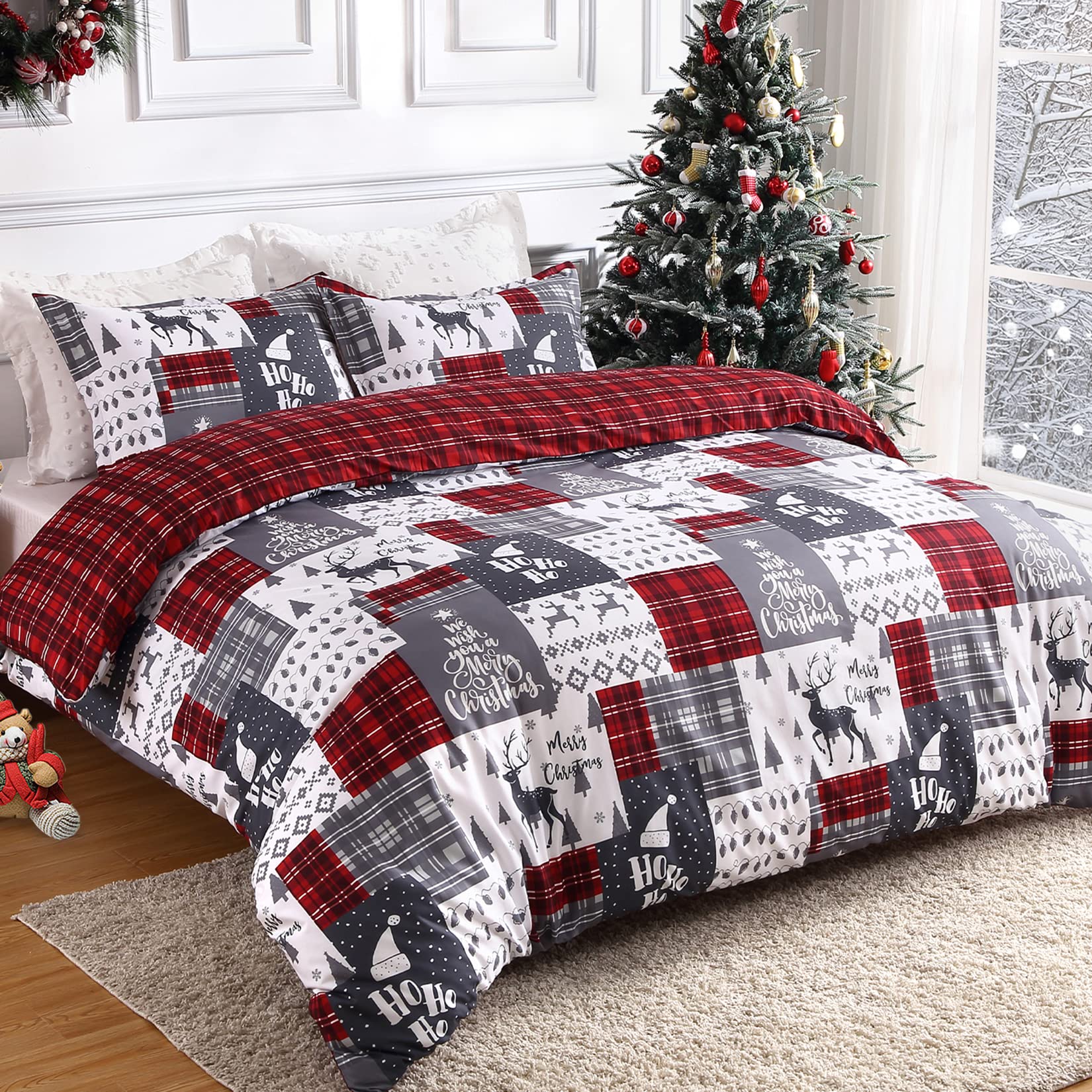 GARVEE Juego de funda de edredón de Navidad, fundas de edredón rojas de microfibra suave, reversible, juego de funda de edredón decorativa de Navidad (cuadros de Navidad, King)