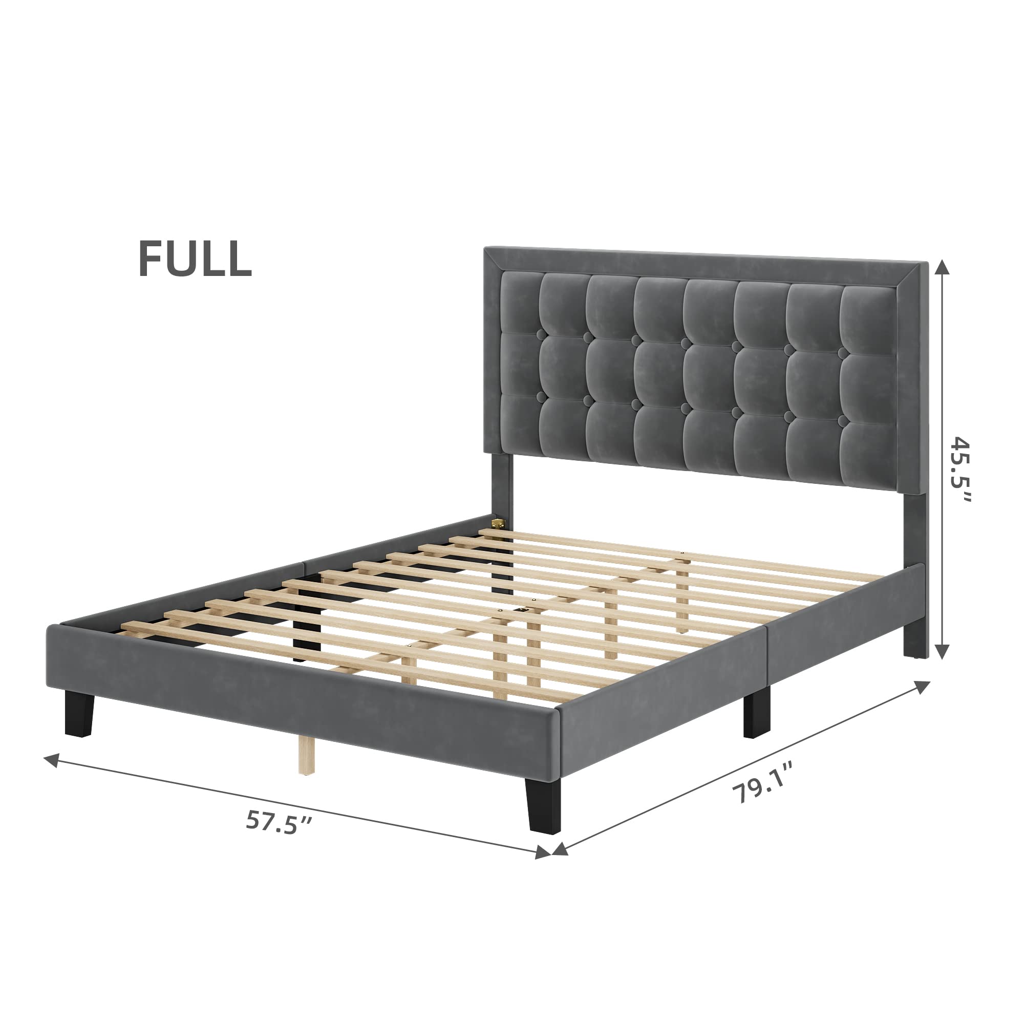 GARVEE Modern Full Size Upholstered Bed Frame + Button Tufted Headboard + Heavy Duty Metal Foundation + Wood Slats + Adjustable Headboard + Noise-Free Design + Light Grey