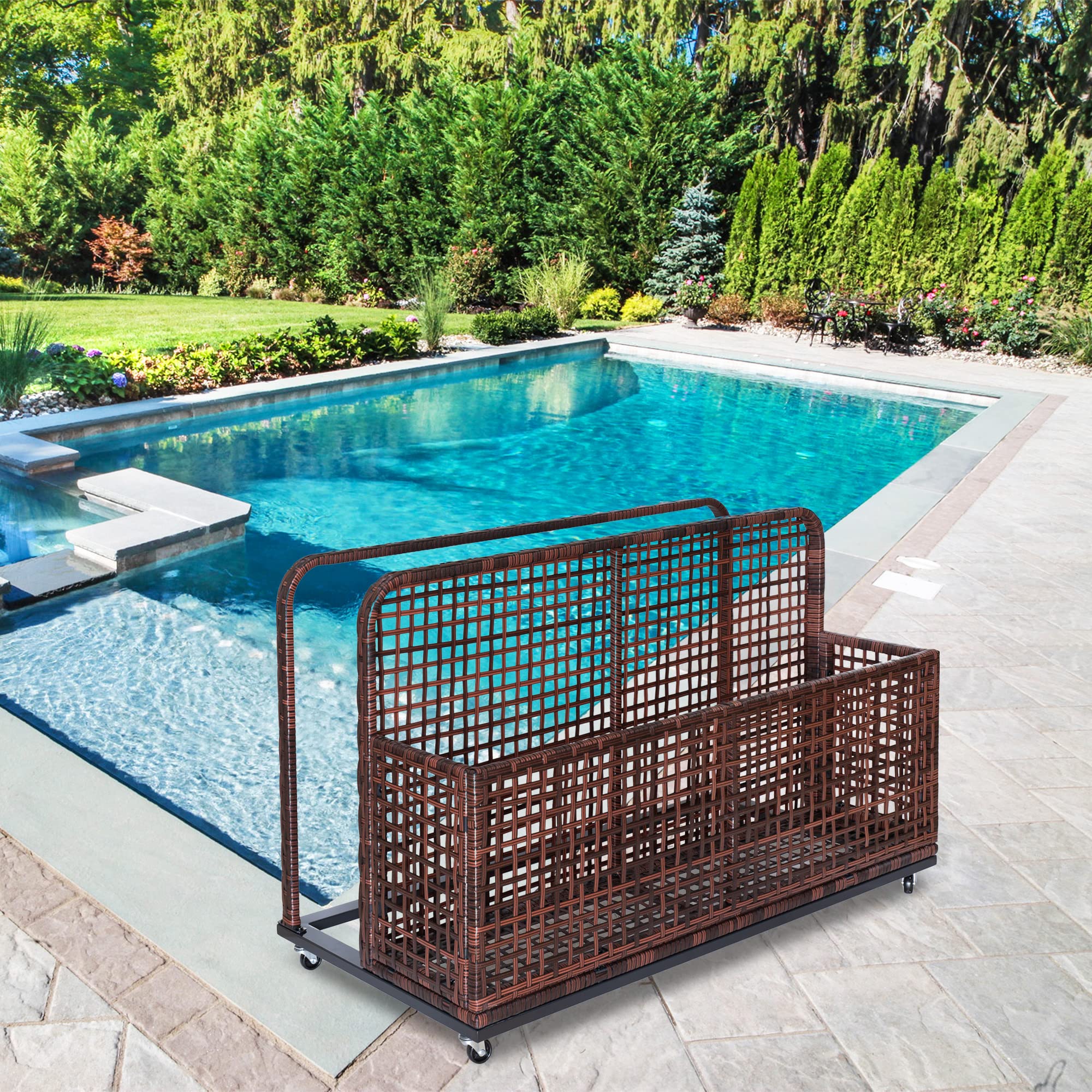 GARVEE Outdoor Storage Basket with Wheels, PE Rattan, Water-Resistant, Large Compartment, Fold-Out Shelves, Ideal for Poolside and Patio