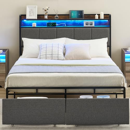 GARVEE Queen Bed Frame with 2-Tier Storage Headboard, Upholstered Platform Bed Frame with 2 Storage Drawers, Built in Charging Station & LED, Noise-Free/Metal Support/No Box Spring Needed, Black