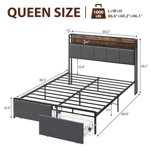 GARVEE Queen Bed Frame with 2-Tier Storage Headboard, Upholstered Platform Bed Frame with 2 Storage Drawers, Built in Charging Station & LED, Noise-Free/Metal Support/No Box Spring Needed, Black