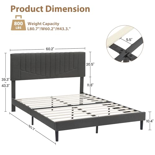 GARVEE Queen Bed Frame Upholstered Platform with Adjustable Headboard, Modern Striped Design, Wooden Slats Support, No Box Spring Needed, Solid Metal Frame, Cozy Linen Fabric, Whisper-Quiet, Easy Assembly