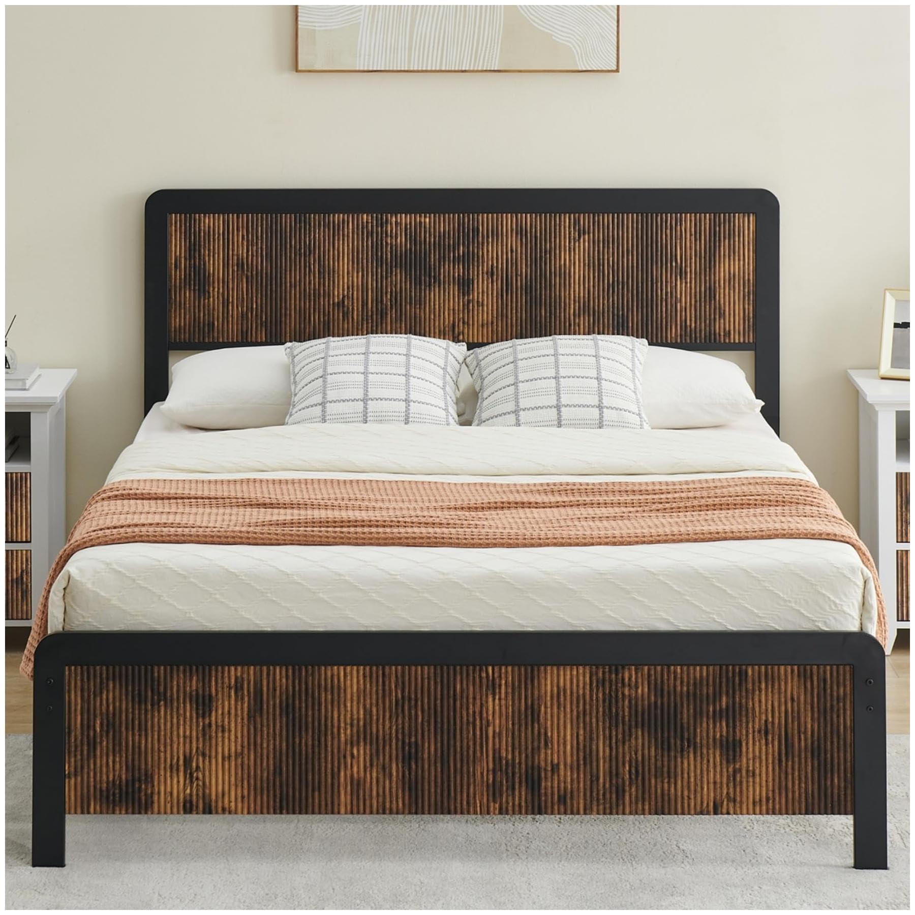 GARVEE Queen Size Bed Frame Wave Wood Headboard Footboard + 13.8 Inch Storage + Safe Rounded Corners + Steel Slat Support + No Box Spring Needed + Rustic Brown