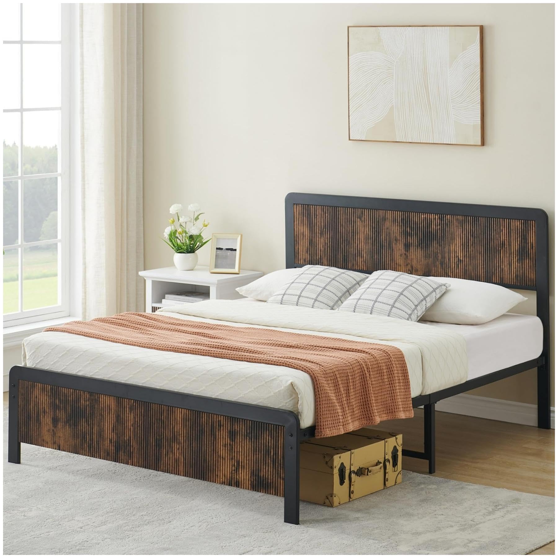 GARVEE Queen Size Bed Frame Wave Wood Headboard Footboard + 13.8 Inch Storage + Safe Rounded Corners + Steel Slat Support + No Box Spring Needed + Rustic Brown