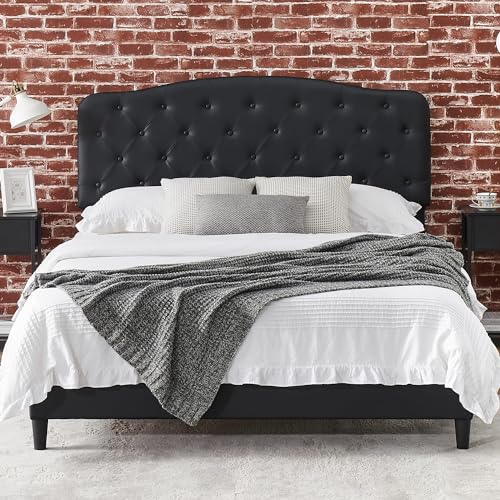 GARVEE Queen Bed Frame with Adjustable Headboard, Upholstered Leather, Button Tufted, Wooden Slat Support, Noise-Free, Black Sale
