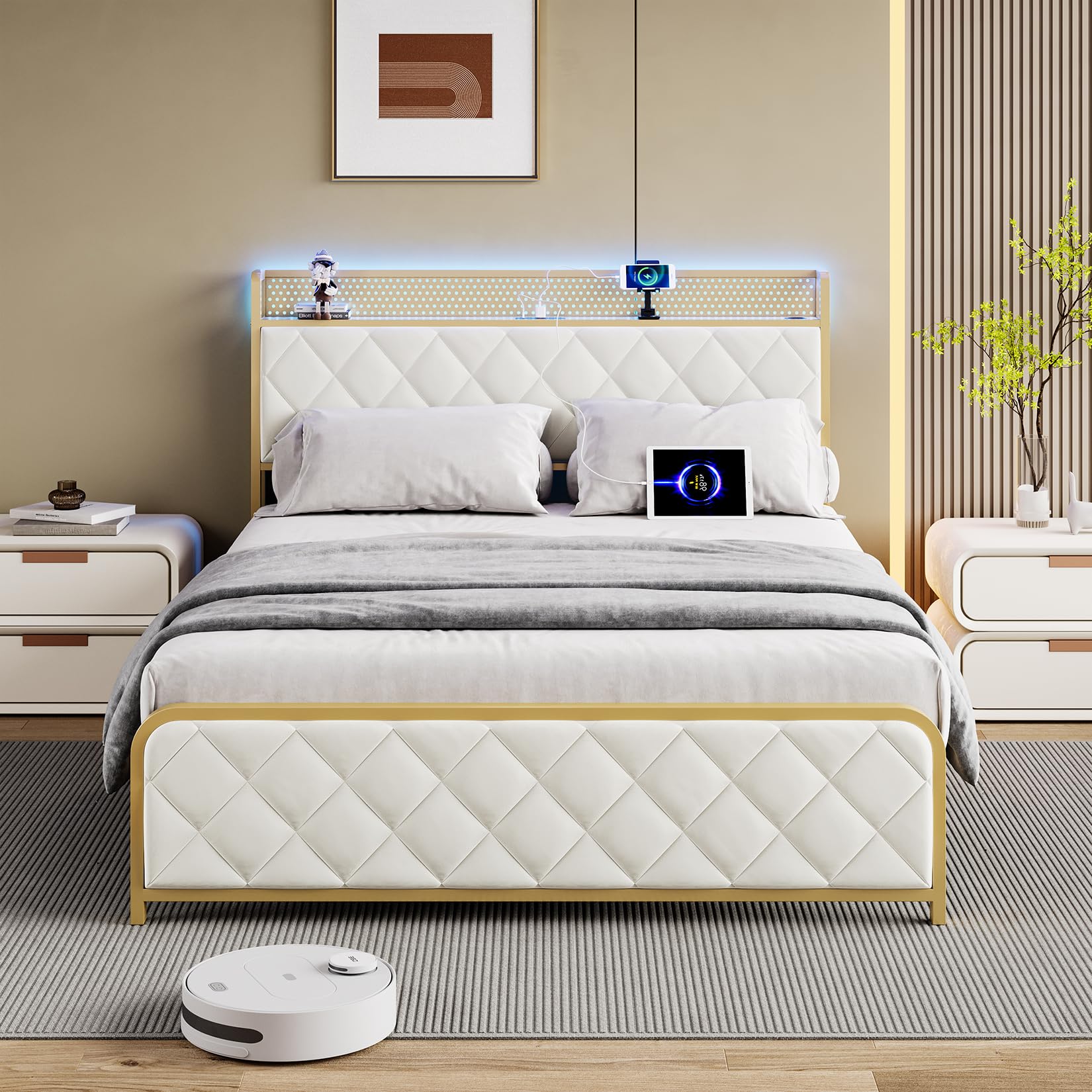 GARVEE Queen Size Bed Frame, Storage Headboard with Charging Station, Platform Bed with Velvet Backrest, No Box Spring Needed, Easy Assembly, Beige