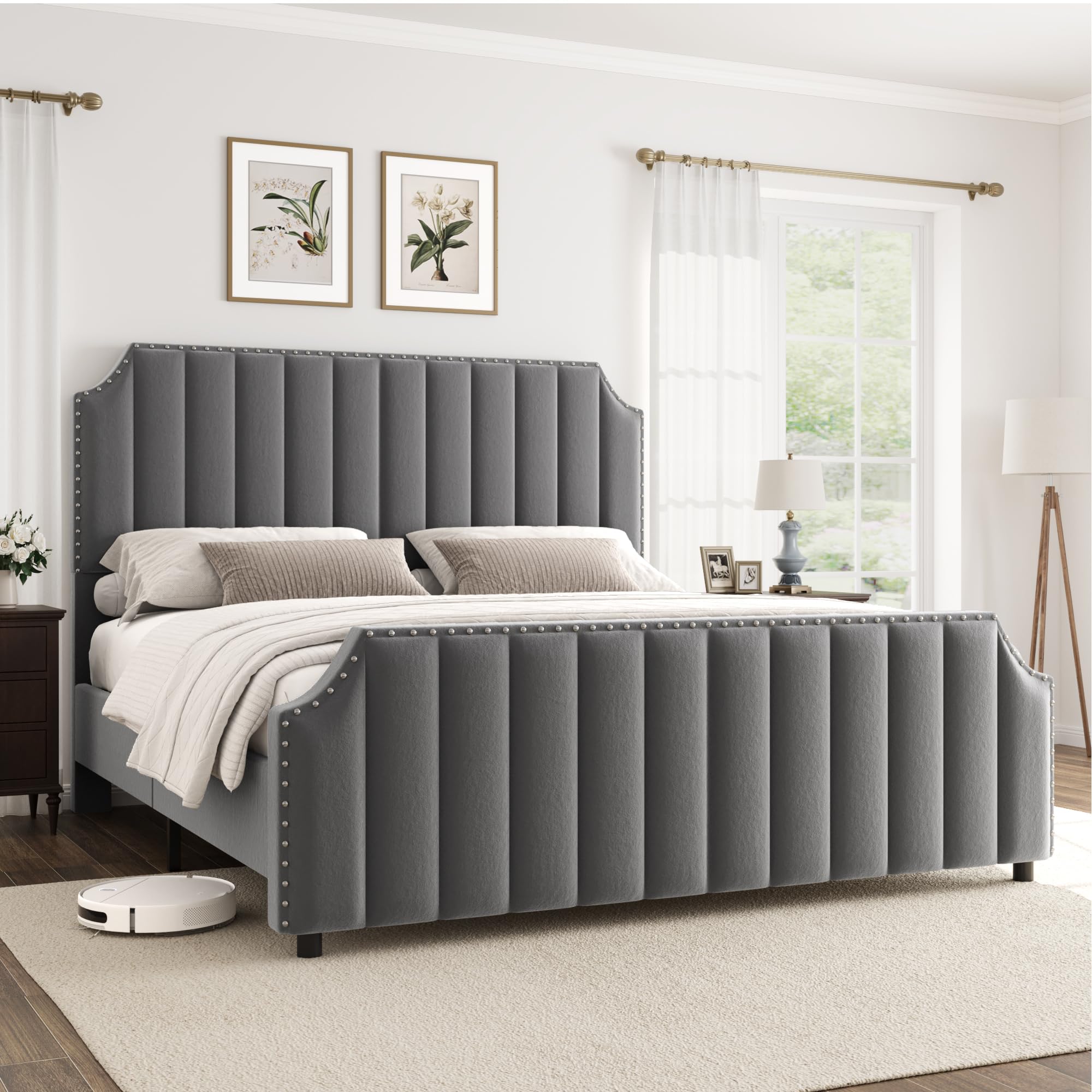 GARVEE Queen Size Platform Bed Frame with 50.2″ Headboard, Velvet Upholstered Bed Frame Queen with Vertical Channel Tufted Headboard & Footboard, Nailhead Trim, No Box Spring Needed, Grey