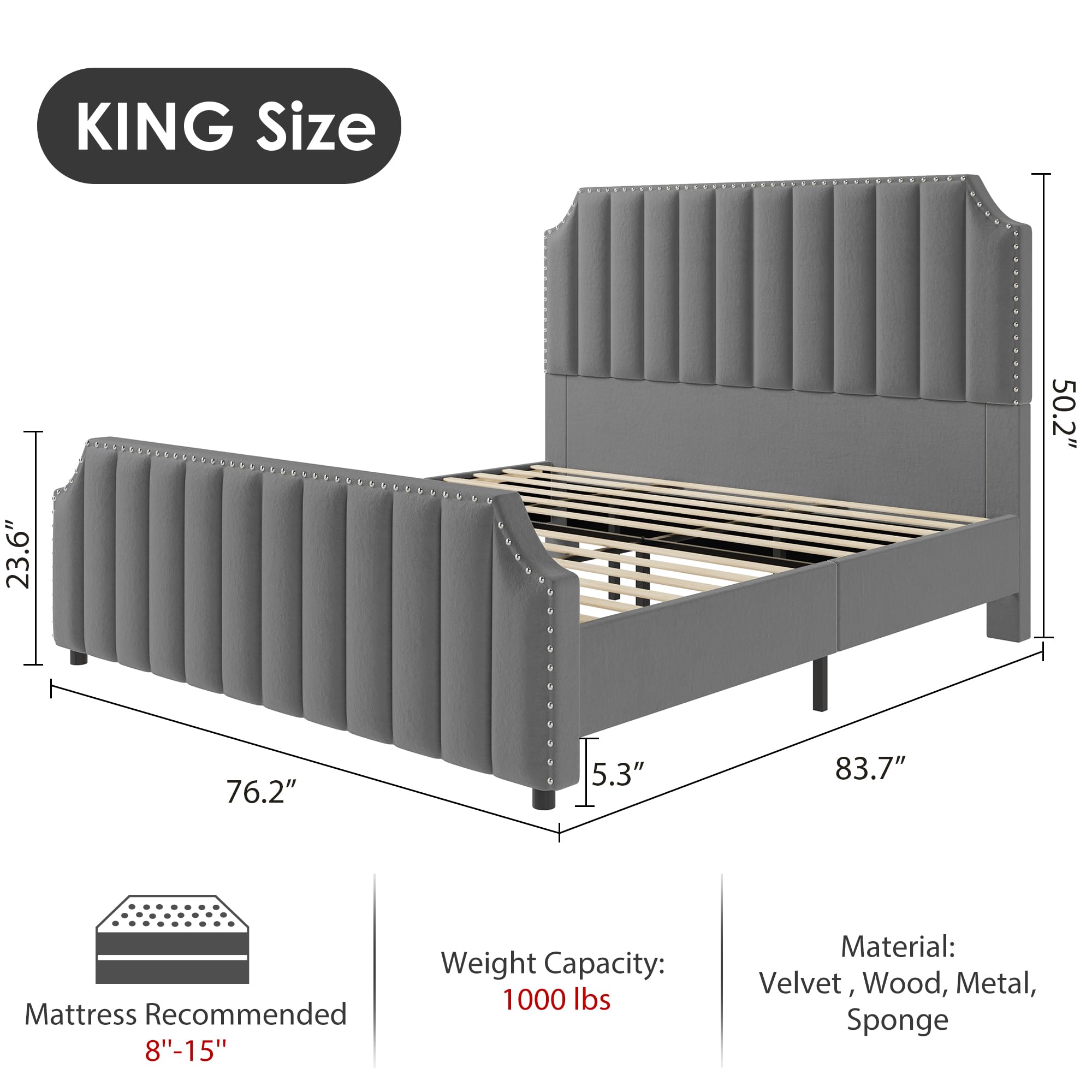 GARVEE Queen Size Platform Bed Frame with 50.2″ Headboard, Velvet Upholstered Bed Frame Queen with Vertical Channel Tufted Headboard & Footboard, Nailhead Trim, No Box Spring Needed, Grey