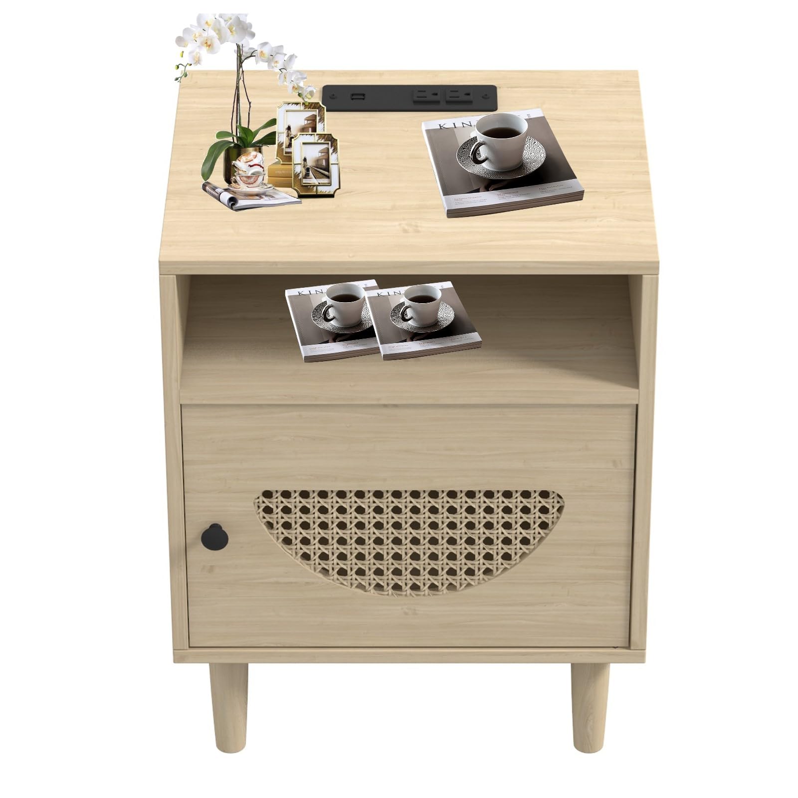 GARVEE Rattan Nightstand, Side Table with Charging Station, with USB Ports, Power outlets, 2-Tier Rattan Nightstand with Locker for Living Room Bedroom, Natural