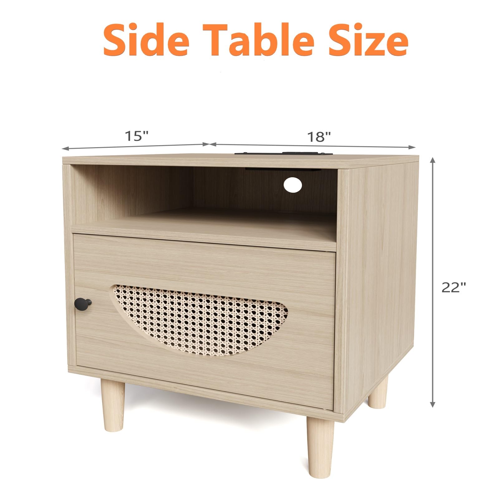 GARVEE Rattan Nightstand, Side Table with Charging Station, with USB Ports, Power outlets, 2-Tier Rattan Nightstand with Locker for Living Room Bedroom, Natural